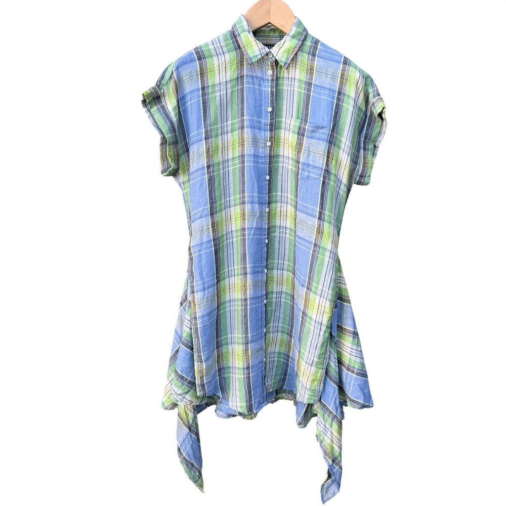 Lauren Ralph Lauren Womens 8 Blue Green 100% Linen Plaid Tie Waist Shirt Dress